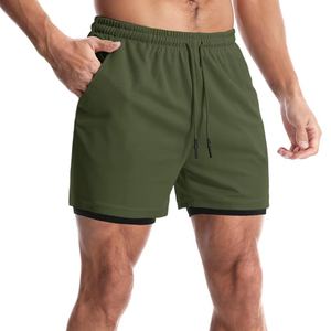 Pantalones Cortos Deportivos 2 en 1 de Secado Rápido para Hombre, Color Verde Oliva, Pantalones Cortos de Fitness Transpirables para Entrenamiento Atlético con Bolsillos - Product Image 1