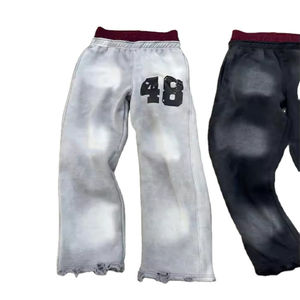 Pantalones de chándal casuales de hombre de alta calidad, corte holgado, con efecto desgastado y lavado ácido, joggers de pierna ancha, cintura doble, estilo flare. - Product Image 3