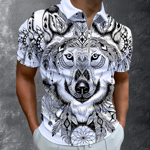 Polo artístico Dreamcatcher Wolf para hombre |   Camiseta Digital Sublimada con Cierre de 1/4 |   Ropa Casual Urbana con Motivos de Animales en Estilo Étnico - Product Image 6