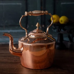 Tetera de cobre hecha a mano, redonda, con tapa, estilo vintage, olla de metal para café y té - Product Image 1
