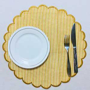 Hand Block Printed And Embroidered <b>Round</b> Cotton Placemat Natural Cotton <b>Table</b> <b>Mat</b> with Golden Mustard Stripe - Product Image 3