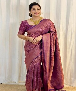 Sari de Seda Morado, Estilo Banarasi, con Patrón en el Borde, Largo hasta el Suelo, para Bodas Indias Tradicionales - Product Image 1