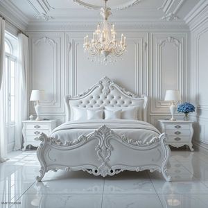 Ce lit de style Louis XV présente des sculptures complexes sur un cadre en acajou et une sellerie décorée de boutons, avec 2 tables de chevet. - Product Image 5