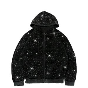 OEM Sweat à capuche zippé en polaire, imprimé léopard, entièrement orné de strass et de cristaux scintillants, coupe oversize, style streetwear, épais pour l'hiver - Product Image 1