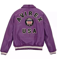 Blouson Bomber en Cuir de Vachette Tricoté Violet Avirex pour Homme Grande Taille avec Fermeture Éclair et Patch Brodé – Vêtement d'extérieur Décontracté