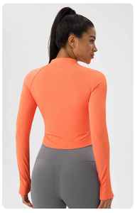 Chaqueta de yoga para mujer, ajustada, de manga larga, lisa, ligera, transpirable, de secado rápido, con cremallera, cuello alto y ribete acanalado, top deportivo. - Product Image 2