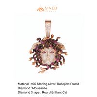 Moissanit Taşlı Medusa Başı Buzlu Hip Hop Unisex Kolye Ucu Gül Altın Kaplama Gümüş Lüks Moda Takı