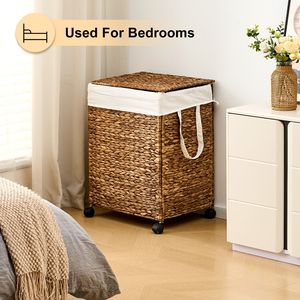 Panier à linge roulant en jacinthe d'eau naturelle tressée avec couvercle et roulettes - Product Image 5