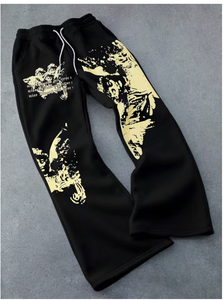 Pantalon de jogging noir à motif graphique, coupe large, avec cordon de serrage, style streetwear décontracté pour homme, en molleton. - Product Image 3