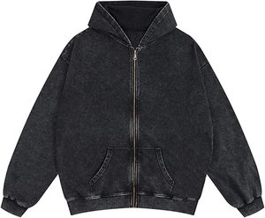 Custom Brand Plain Acid Wash Full Zip Up Hoodie Heavyweight <b>100</b>% cotton winter hoodies Vintage Retro Windbreaker hoodies - Product Image 5