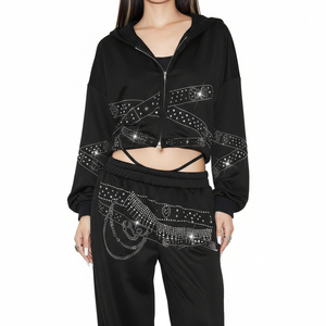 Ensemble de survêtement décontracté orné de strass pour un usage quotidien – Sweat à capuche et pantalon de survêtement brillants de qualité supérieure - Product Image 1