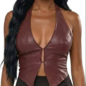 Top de Cuero de Diseño para Mujer, Chaleco Corto sin Mangas de Cuero Genuino de Lujo Personalizado, Ropa de Moda de Alta Gama - Product Image 1