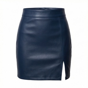 High Waist Women Faux Leather Mini Pencil Skirt <b>Asymmetrical</b> Slit Solid Color Shiny Design All Seasons Wear - Product Image 1