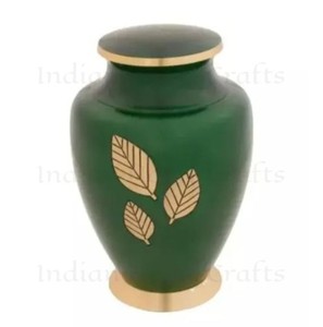 Green Aluminum Cremation Urn Engraved Gold Leaf <b>Memorial</b> <b>Keepsake</b> Urn Round Tabletop Funeral Supply - Product Image 4