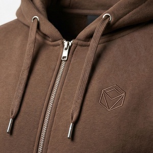 Men's Brown <b>Full</b> <b>Zip</b> <b>Hoodie</b> Solid Color Cotton Casual Tracksuit With Front Pocket And Logo - Product Image 4