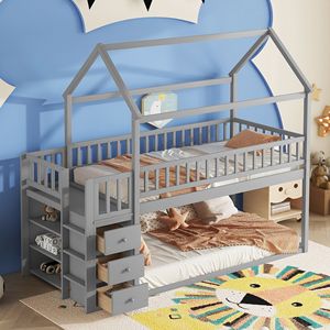 Letto a Castello Grigio TWIN/TWIN con Mensole e Cassetti per Bambini - Product Image 1