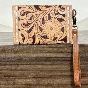 Low Price Fashionable Western Style Genuine Cowhide Leather Cowgirl Wallet Floral Pattern <b>Wristlet</b> Clutch for Travel Organizer - Product Image 5