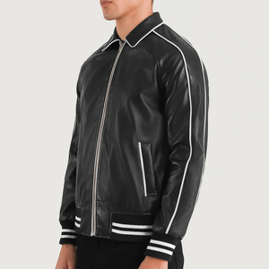 Men's Black PU Leather Bomber Jacket With White Trim Zip Closure Turn-down Collar Regular Fit Autumn Wear - Product Image 4