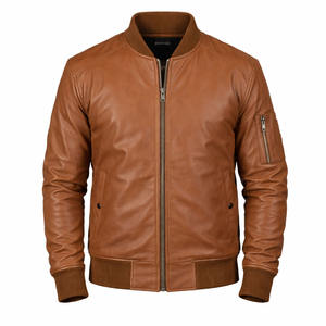 Chaqueta Bomber de Cuero Genuino Marrón para Hombre, Cuello Mandarín, Puños Holgados, Cierre de Cremallera, Estilo Vintage, Impermeable, para Invierno - Product Image 1