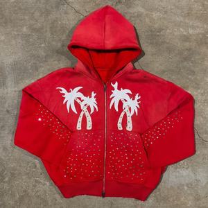 Sweat à capuche personnalisé en molleton 100% coton épais avec strass motif palmier, style streetwear, poche, logo, couleur, taille et emballage personnalisables - Product Image 1