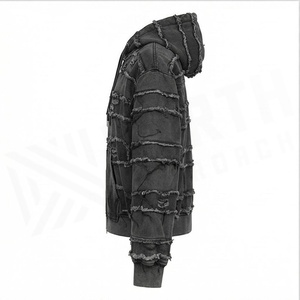 Men's Oversized Hooded Denim Jacket With <b>Fringe</b> Detail Streetwear Style Autumn Wear - Product Image 1