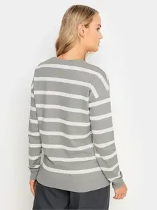 Sweat-shirt gris et blanc uni à col rond pour femme, manches longues, en coton tricoté, décontracté, écologique, broderie sur le devant, pour l'hiver et le printemps - Product Image 3