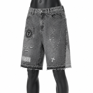 Pantalones Cortos de Mezclilla Gris Lavado con Diseño Gráfico para Hombre, Estilo Urbano, Fabricante de Jeans - Product Image 3