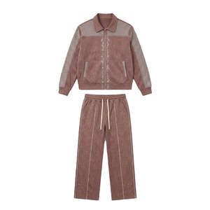 Men's Brown Rhinestone Tracksuit Full Length Regular Fit Zipper Closure Side Pockets Casual Wear Autumn Style - Product Image 3