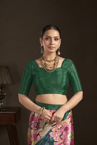 Sari prêt-à-porter élégant avec chemisier cousu en crêpe de soie à imprimé numérique floral, fournisseur en gros de saris indiens - Product Image 5