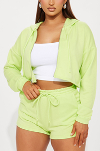 Ensemble de survêtement décontracté d'été pour femme, vert lime, avec short et sweat à capuche court zippé - Product Image 4