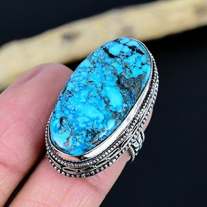 Natural Touqurise Gemstone <b>Adjustable</b> Traditional Unisex 3 Stone Brass <b>Ring</b> with 925 <b>Silver</b> Plating - Product Image 2