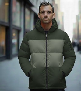 Men's Color Blocking Hooded Puffer <b>Jacket</b> Windproof Polyester Winter Coat Casual Style Regular Fit - Product Image 3
