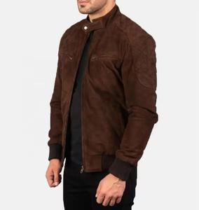 Blouson bomber en daim marron pour homme, col montant, fermeture éclair, style moto, vêtement d'automne, coupe classique, couleur unie - Product Image 1