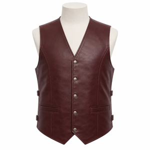 Chaleco de Cuero Sintético Color Borgoña con Cuello en V para Hombre, Talla Grande, Estilo Casual Elegante, Cierre de Botón, 100% Cuero - Product Image 2