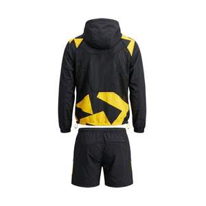 Men's Black Yellow Geometric Print Hooded Tracksuit Set Full Sleeve <b>Zipper</b> Sporty Shorts Quick Dry Regular Fit Spring Wear - Product Image 2