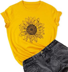T-shirt en coton doux à motif tournesol avec tissu tricoté respirant, coupe ajustée, style rétro - Product Image 1