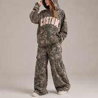 Ensemble survêtement femme personnalisé imprimé camouflage, sweat à capuche et pantalon amples, respirant, tricoté, manches longues, longueur longue, pour l'automne