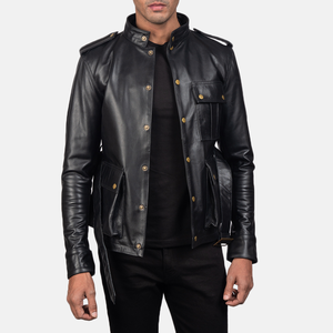 Men's Black Genuine Leather Jacket With Epaulets <b>Belt</b> And Pockets Stand Collar Moto Biker Style Winter Wear - Product Image 4