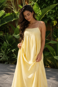 Proveedor OEM Profesional, Vestido Largo Holgado de Algodón Amarillo con Cuello Cuadrado para Mujer, Ropa de Playa de Verano al por Mayor - Product Image 5