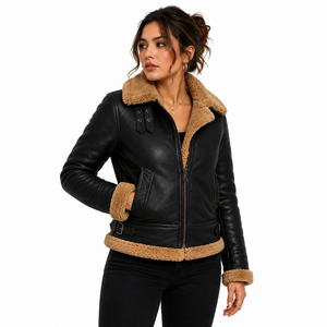 Customizable <b>Women's</b> Sheep Skin Leather Bomber <b>Jacket</b> with Fur Trim Zipper Closure Winter Warm Coat Cotton Lining - Product Image 4