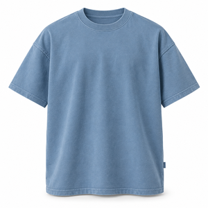Camiseta Azul Cielo Polvoriento de 260 g/m² de Algodón Teñido y Lavado, de Corte Holgado Coreano, con Cuello Redondo, para Hombre, Venta al por Mayor - Product Image 4