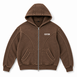 Sudadera con capucha marrón lavada de moda con cremallera y paneles curvos para hombre, estilo vintage, de forro polar grueso, venta al por mayor OEM, marca privada - Product Image 1