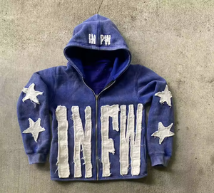 Sudadera con capucha para hombre, color naranja, con cremallera, diseño desgastado, aplique con letras INFW y parche de estrella. - Product Image 2
