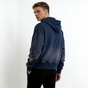 Sudadera con capucha extragrande para hombre OEM, azul marino, con cremallera, efecto desgastado, dobladillo sin rematar, bolsillos, forro polar, estilo casual urbano - Product Image 4