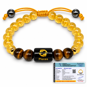 Pulsera de Cuarzo del Zodiaco Piscis de Grado Premium con Cuentas Negras Grabadas, Estilo Feng Shui con Símbolo Sánscrito - Product Image 2