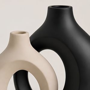 ABSTRACT LOOP <b>VASE</b> SET Modern Ceramic Tabletop <b>Vase</b> Set 2 Black <b>Cream</b> Irregular Hollow Sculptural Minimalist Handmade Art - Product Image 3