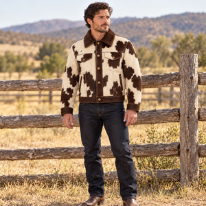 Custom Mens <b>Cream</b> Espresso <b>Hair</b> On Cowhide Western Jacket <b>Straight</b> Yoke Cowboy Ranch Coat OEM Wholesale Manufacturer Premium B2B - Product Image 5