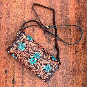 High Quality Hand Tooled Leather Women Purse Genuine Leather Crossbody <b>Turquoise</b> Floral Wallet Western Boho Floral Cowhide Bag - Product Image 5