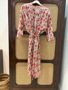 Bata de baño tipo kimono con estampado floral para mujer, manga larga, cuello en V, largo hasta la rodilla, cierre con cordón, bata de algodón de longitud completa - Product Image 4