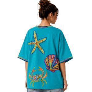 เสื้อยืดโอเวอร์ไซส์สีฟ้าอมเขียวสำหรับผู้หญิง พิมพ์ลายมหาสมุทรสีสันสดใส สไตล์ลำลอง ผ้าฝ้าย สตรีทแวร์ ใส่สบายช่วงฤดูร้อน ทรงหลวม รับผลิตตามสั่ง ขายส่ง - Product Image 2
